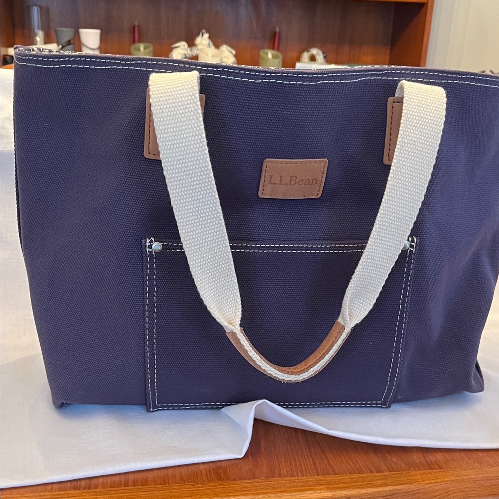 L.L. Bean Dark Blue Tote with Cream Straps